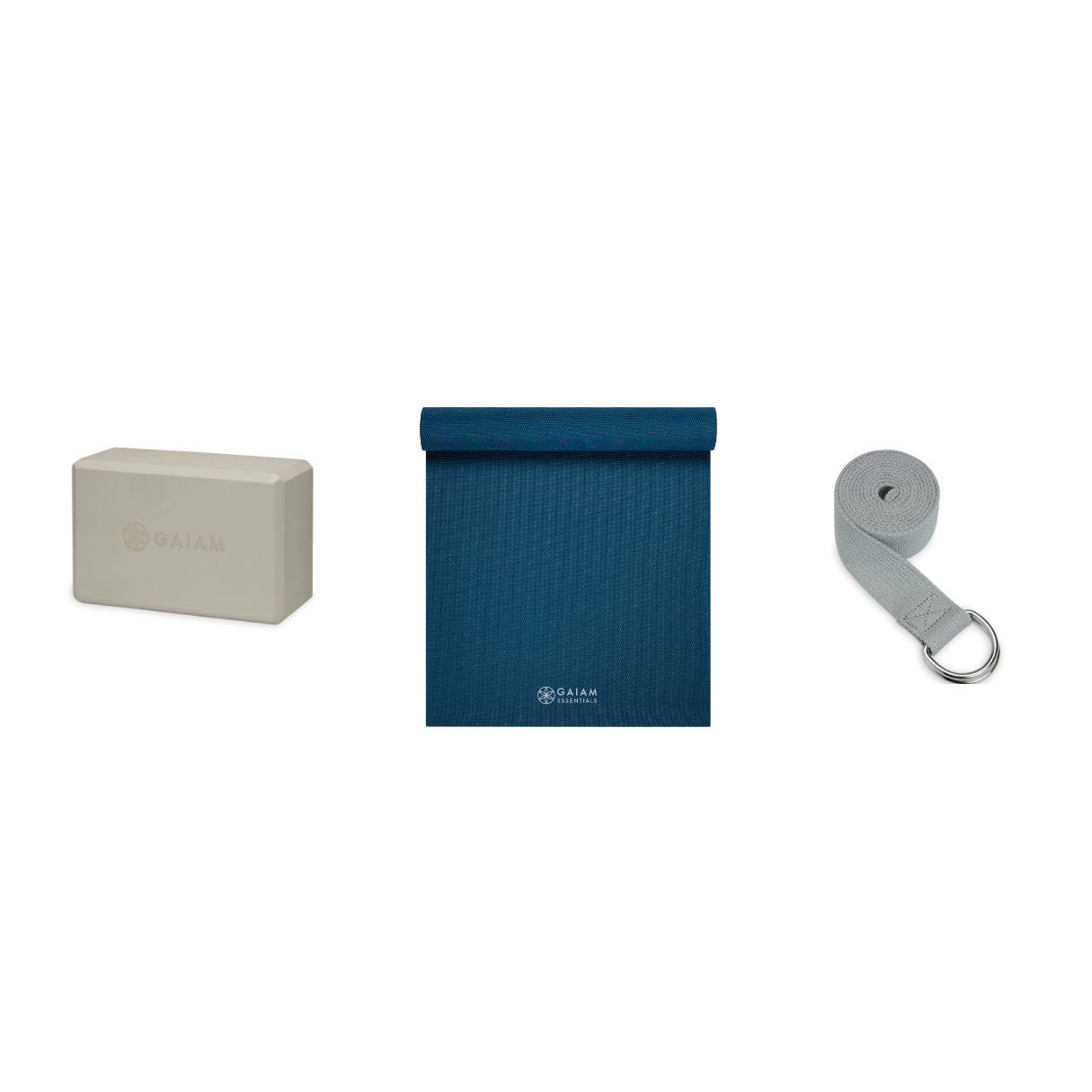 Yoga Bundle - Block (Sandstone), Mat (Navy), Strap (Grey)